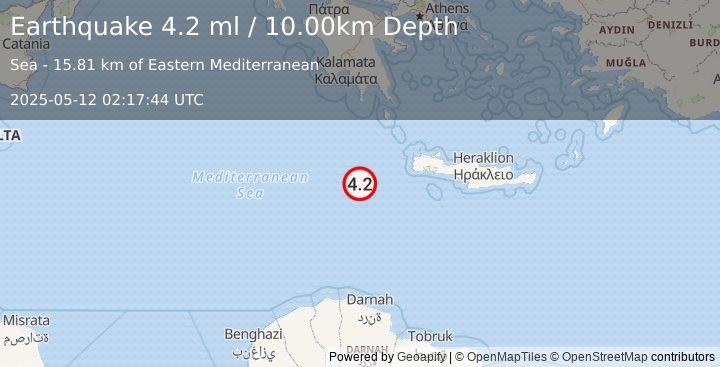 Earthquake CENTRAL MEDITERRANEAN SEA (4.0 ml) (2025-05-12 02:17:48 UTC)