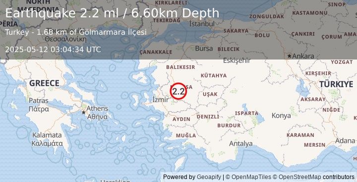 Earthquake WESTERN TURKEY (2.2 ml) (2025-05-12 03:04:34 UTC)