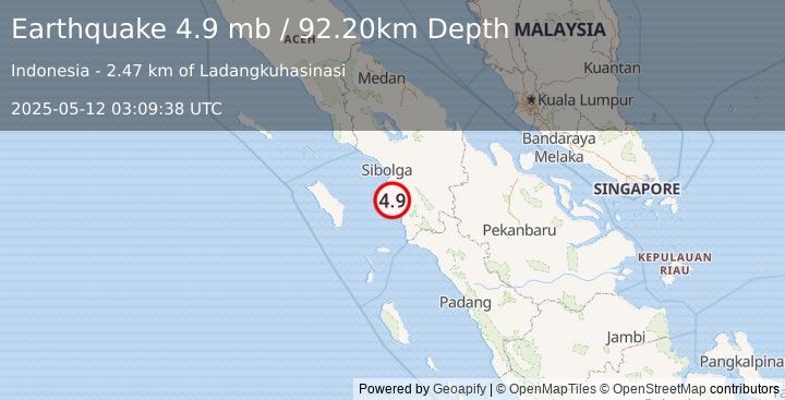 Earthquake NORTHERN SUMATRA, INDONESIA (4.9 mb) (2025-05-12 03:09:38 UTC)