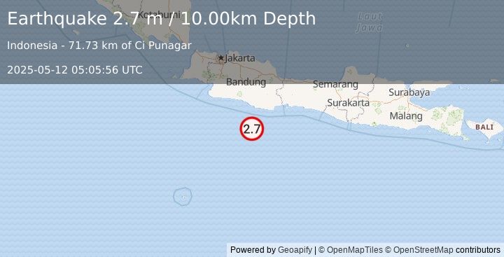 Earthquake JAVA, INDONESIA (2.7 m) (2025-05-12 05:05:56 UTC)