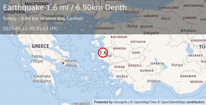 Earthquake NEAR THE COAST OF WESTERN TURKEY (1.6 ml) (2025-05-12 05:31:03 UTC)