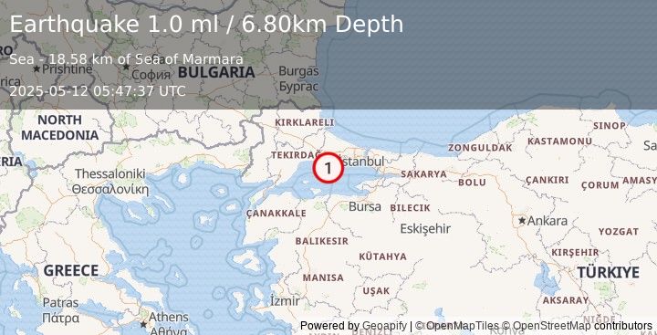 Earthquake WESTERN TURKEY (1.0 ml) (2025-05-12 05:47:37 UTC)