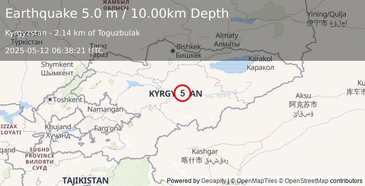 Earthquake KYRGYZSTAN (5.0 mb) (2025-05-12 06:38:20 UTC)