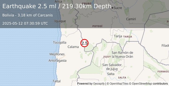 Earthquake POTOSI, BOLIVIA (2.5 ml) (2025-05-12 07:30:59 UTC)