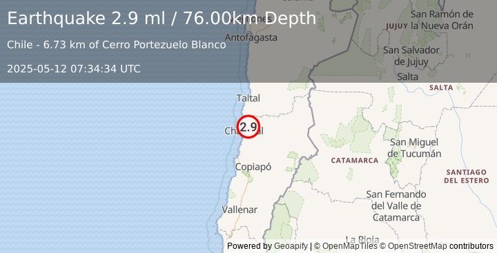Earthquake ATACAMA, CHILE (2.9 ml) (2025-05-12 07:34:34 UTC)
