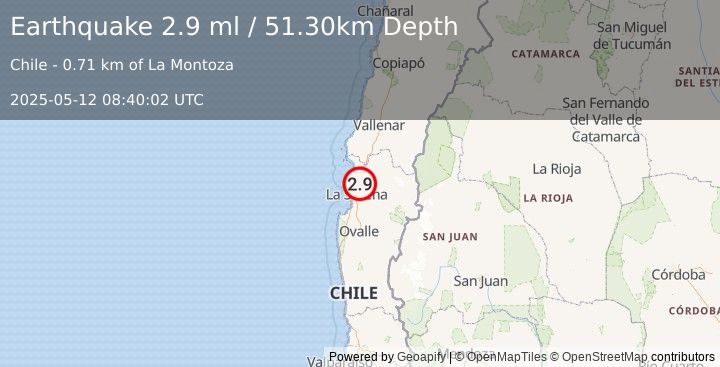 Earthquake COQUIMBO, CHILE (2.9 ml) (2025-05-12 08:40:02 UTC)