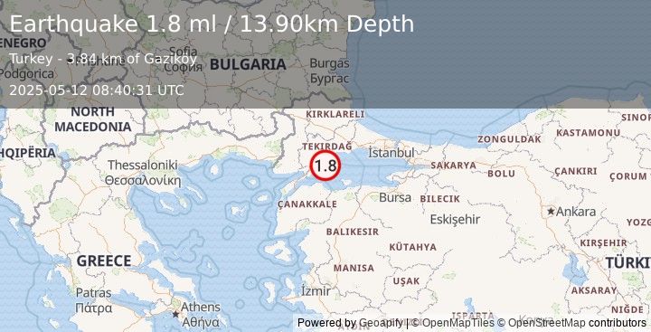 Earthquake WESTERN TURKEY (1.8 ml) (2025-05-12 08:40:31 UTC)