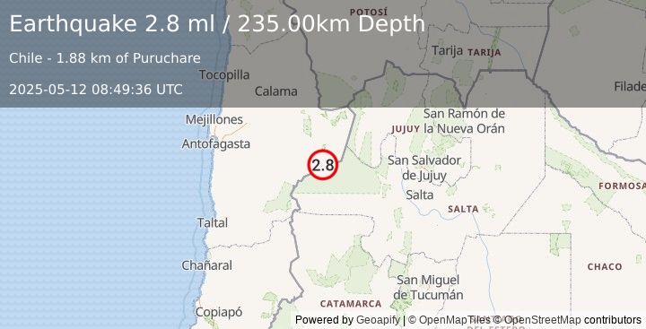 Earthquake ANTOFAGASTA, CHILE (2.8 ml) (2025-05-12 08:49:36 UTC)