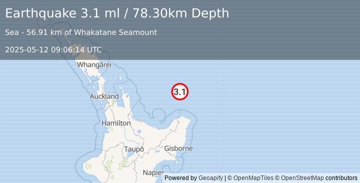 Earthquake OFF E. COAST OF N. ISLAND, N.Z. (3.1 ml) (2025-05-12 09:06:14 UTC)