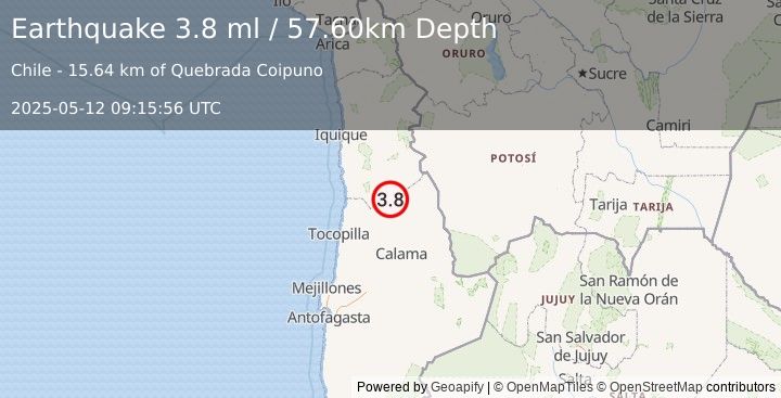 Earthquake ANTOFAGASTA, CHILE (4.1 ml) (2025-05-12 09:15:55 UTC)