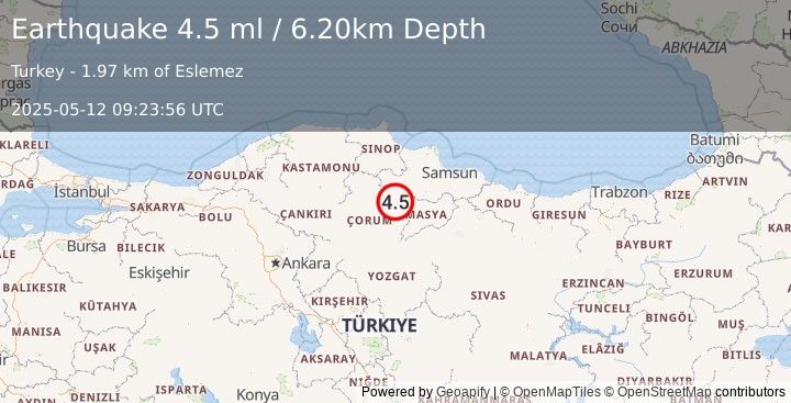Earthquake CENTRAL TURKEY (4.5 ml) (2025-05-12 09:23:56 UTC)