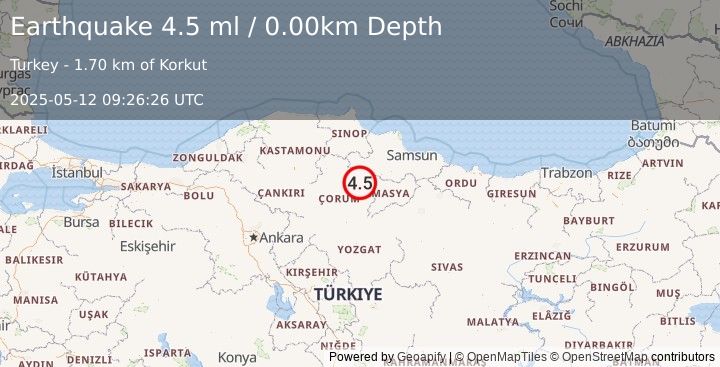 Earthquake CENTRAL TURKEY (4.4 ml) (2025-05-12 09:26:25 UTC)