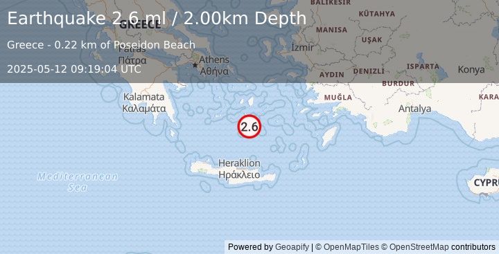 Earthquake DODECANESE ISLANDS, GREECE (2.6 ml) (2025-05-12 09:19:04 UTC)