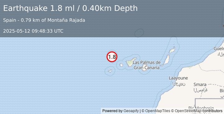 Earthquake CANARY ISLANDS, SPAIN REGION (1.8 ml) (2025-05-12 09:48:33 UTC)