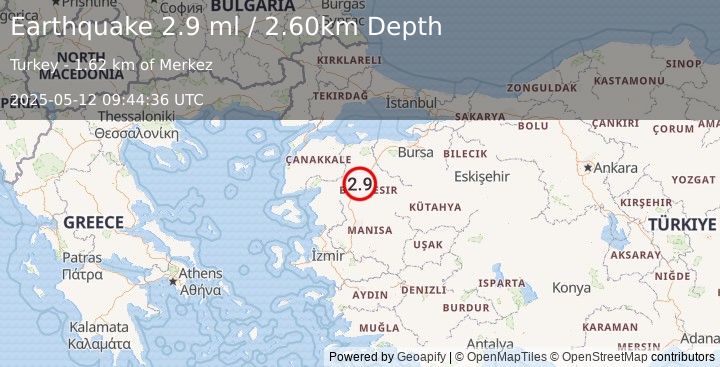 Earthquake WESTERN TURKEY (2.9 ml) (2025-05-12 09:44:36 UTC)