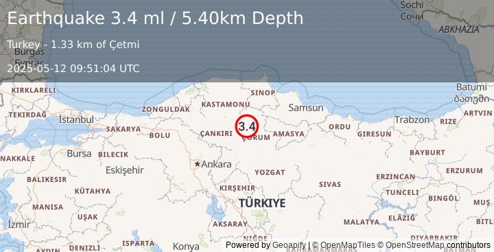 Earthquake CENTRAL TURKEY (3.4 ml) (2025-05-12 09:51:04 UTC)