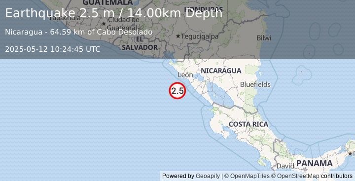 Earthquake NEAR COAST OF NICARAGUA (2.5 m) (2025-05-12 10:24:45 UTC)