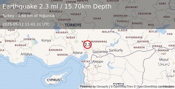 Earthquake CENTRAL TURKEY (2.2 ml) (2025-05-12 11:41:32 UTC)
