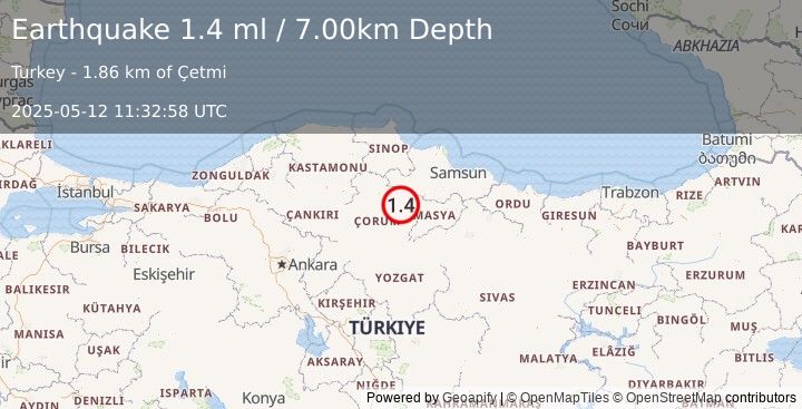 Earthquake CENTRAL TURKEY (1.4 ml) (2025-05-12 11:32:58 UTC)