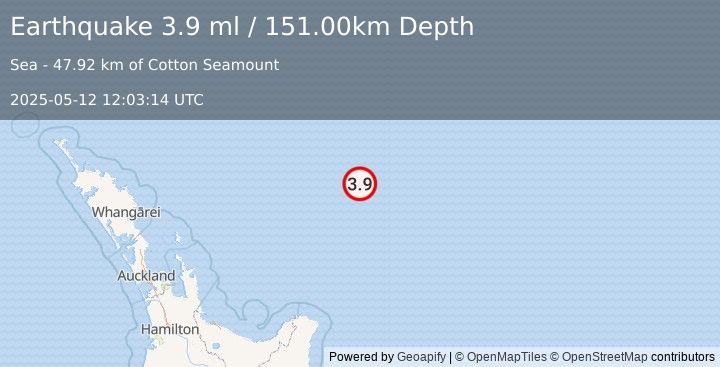 Earthquake OFF E. COAST OF N. ISLAND, N.Z. (3.9 ml) (2025-05-12 12:03:14 UTC)
