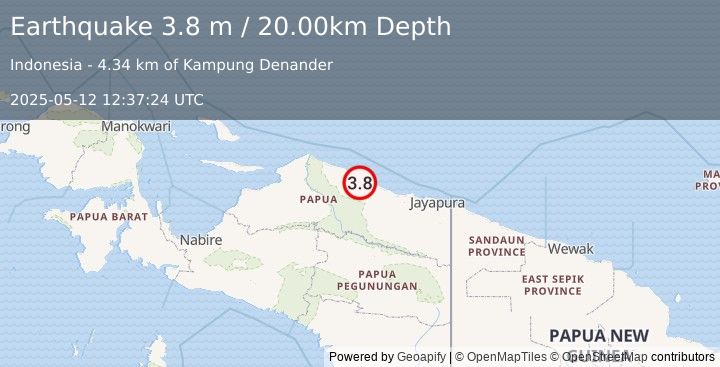 Earthquake NEAR N COAST OF PAPUA, INDONESIA (3.8 m) (2025-05-12 12:37:24 UTC)