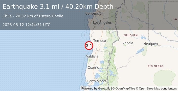 Earthquake OFFSHORE ARAUCANIA, CHILE (3.1 ml) (2025-05-12 12:44:31 UTC)