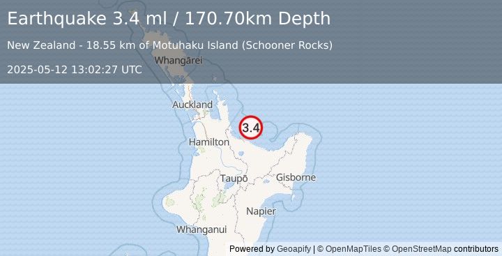 Earthquake NORTH ISLAND OF NEW ZEALAND (3.4 ml) (2025-05-12 13:02:27 UTC)
