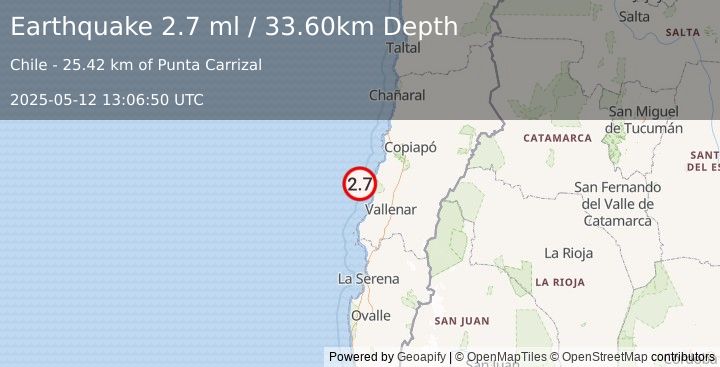 Earthquake OFFSHORE ATACAMA, CHILE (2.7 ml) (2025-05-12 13:06:50 UTC)