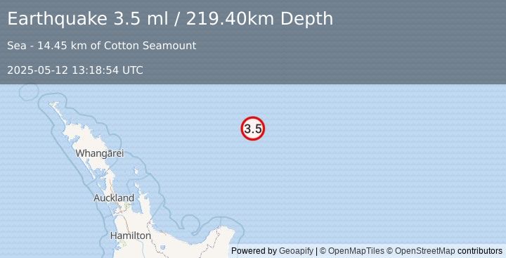 Earthquake OFF E. COAST OF N. ISLAND, N.Z. (3.5 ml) (2025-05-12 13:18:54 UTC)