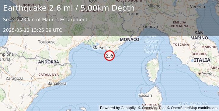 Earthquake WESTERN MEDITERRANEAN SEA (2.6 m) (2025-05-12 13:25:37 UTC)