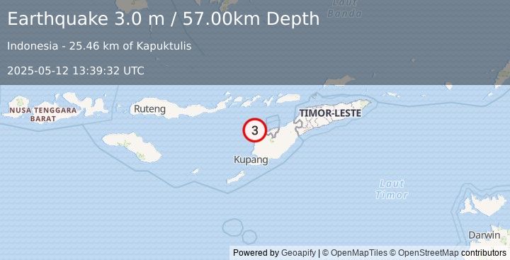 Earthquake TIMOR REGION, INDONESIA (3.0 m) (2025-05-12 13:39:32 UTC)