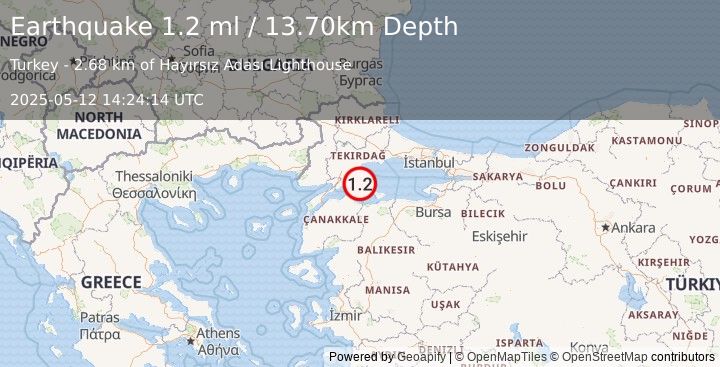 Earthquake WESTERN TURKEY (1.2 ml) (2025-05-12 14:24:14 UTC)