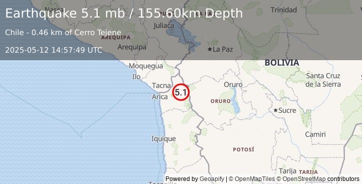 Earthquake TARAPACA, CHILE (5.0 mw) (2025-05-12 14:57:50 UTC)