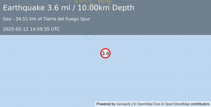 Earthquake DRAKE PASSAGE (3.6 ml) (2025-05-12 14:59:35 UTC)