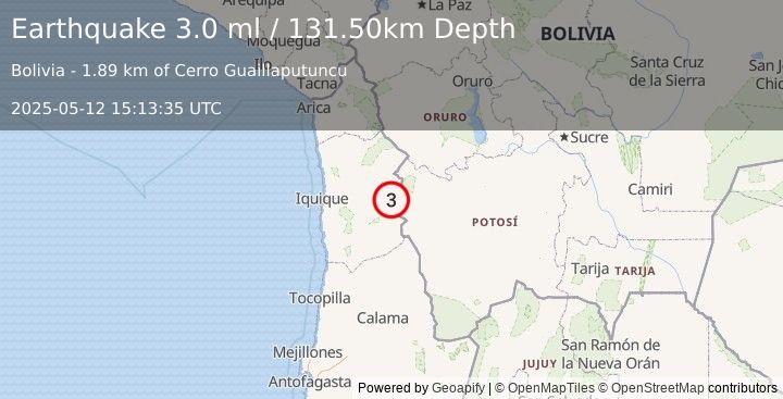 Earthquake TARAPACA, CHILE (3.0 ml) (2025-05-12 15:13:35 UTC)