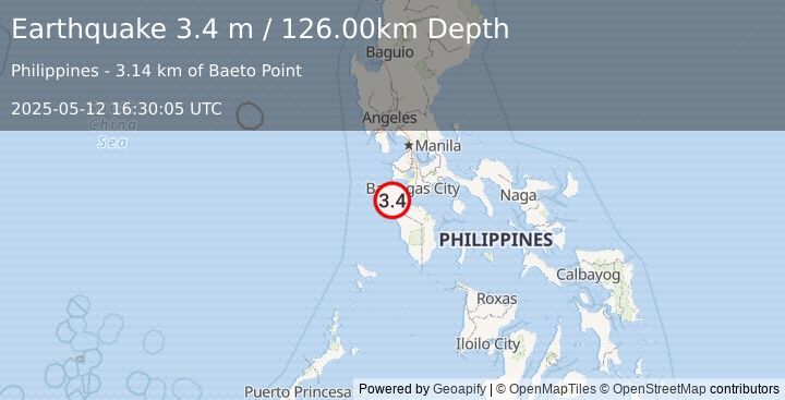 Earthquake MINDORO, PHILIPPINES (3.4 m) (2025-05-12 16:30:05 UTC)