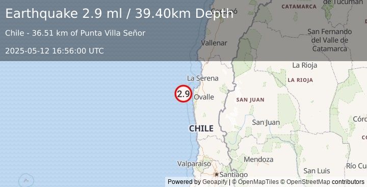 Earthquake OFFSHORE COQUIMBO, CHILE (2.9 ml) (2025-05-12 16:56:00 UTC)