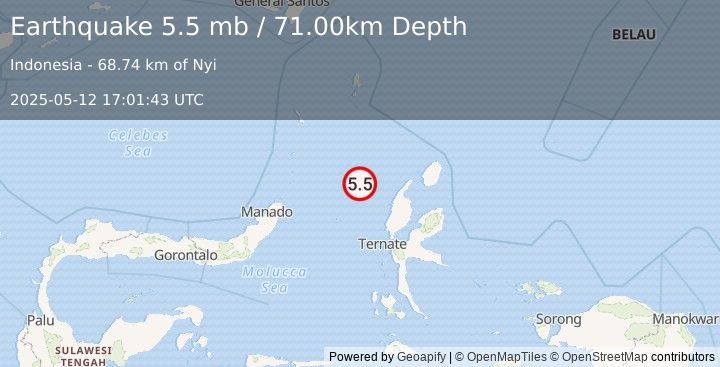 Earthquake MOLUCCA SEA (5.1 mb) (2025-05-12 17:01:40 UTC)