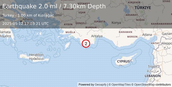 Earthquake WESTERN TURKEY (2.0 ml) (2025-05-12 17:03:21 UTC)