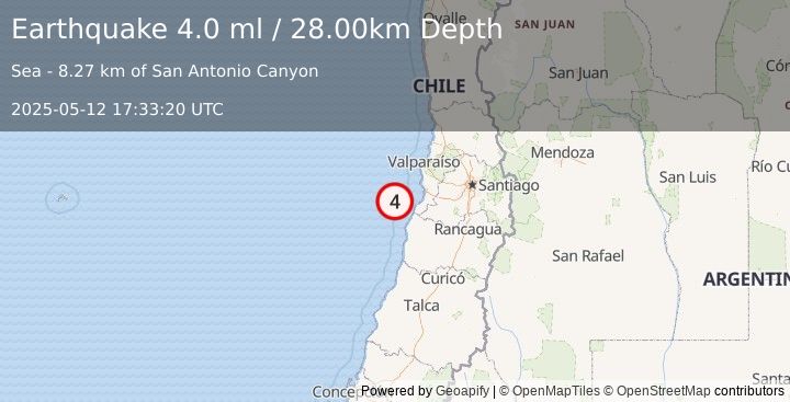 Earthquake OFFSHORE VALPARAISO, CHILE (4.0 ml) (2025-05-12 17:33:20 UTC)
