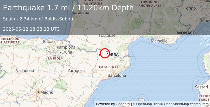 Earthquake PYRENEES (1.7 ml) (2025-05-12 18:23:13 UTC)