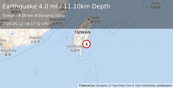 Earthquake TAIWAN REGION (4.0 ml) (2025-05-12 19:37:52 UTC)