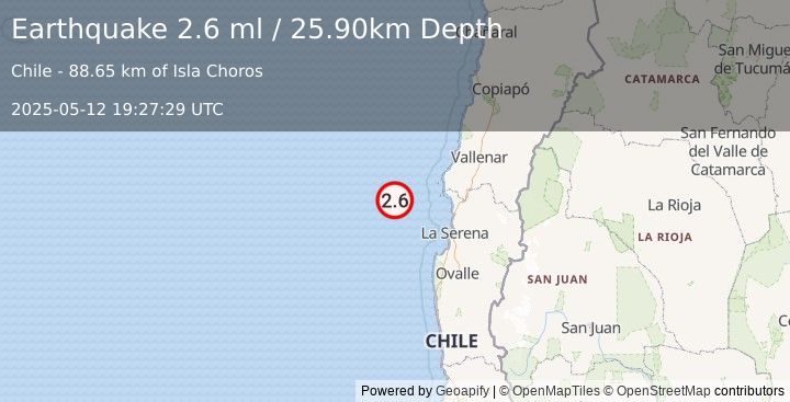 Earthquake OFFSHORE COQUIMBO, CHILE (2.6 ml) (2025-05-12 19:27:29 UTC)