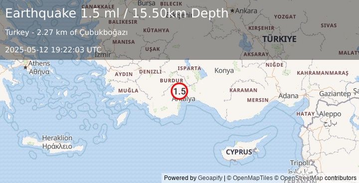 Earthquake WESTERN TURKEY (1.5 ml) (2025-05-12 19:22:03 UTC)