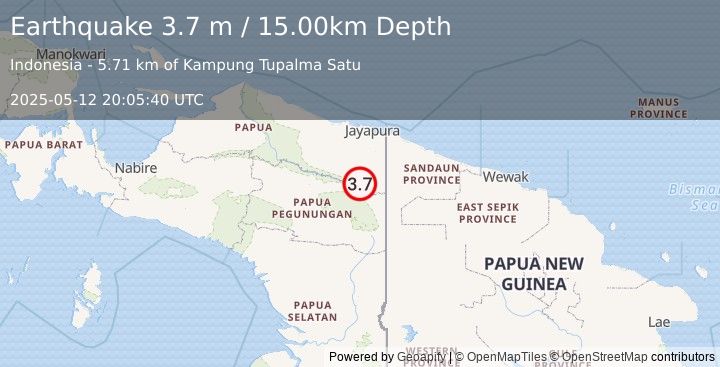Earthquake PAPUA, INDONESIA (3.7 m) (2025-05-12 20:05:40 UTC)