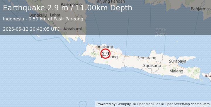 Earthquake JAVA, INDONESIA (2.9 m) (2025-05-12 20:42:05 UTC)