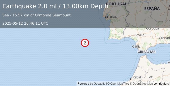 Earthquake AZORES-CAPE ST. VINCENT RIDGE (2.0 ml) (2025-05-12 20:46:11 UTC)