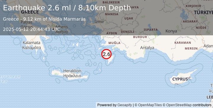 Earthquake DODECANESE IS.-TURKEY BORDER REG (2.6 ml) (2025-05-12 20:44:43 UTC)