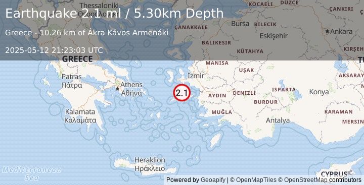 Earthquake DODECANESE ISLANDS, GREECE (2.0 ml) (2025-05-12 21:23:04 UTC)
