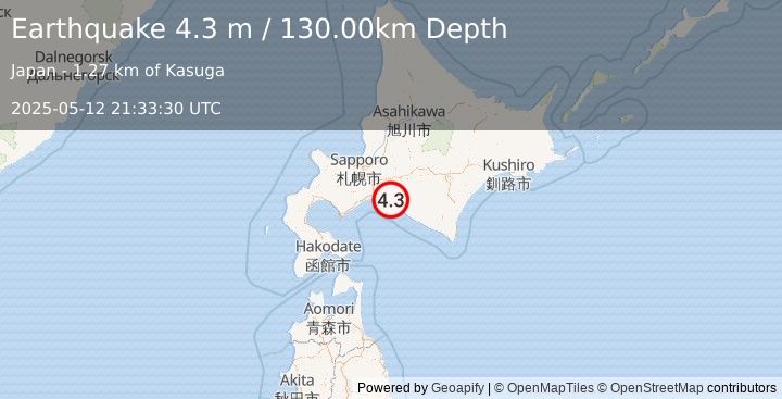Earthquake HOKKAIDO, JAPAN REGION (4.3 m) (2025-05-12 21:33:30 UTC)